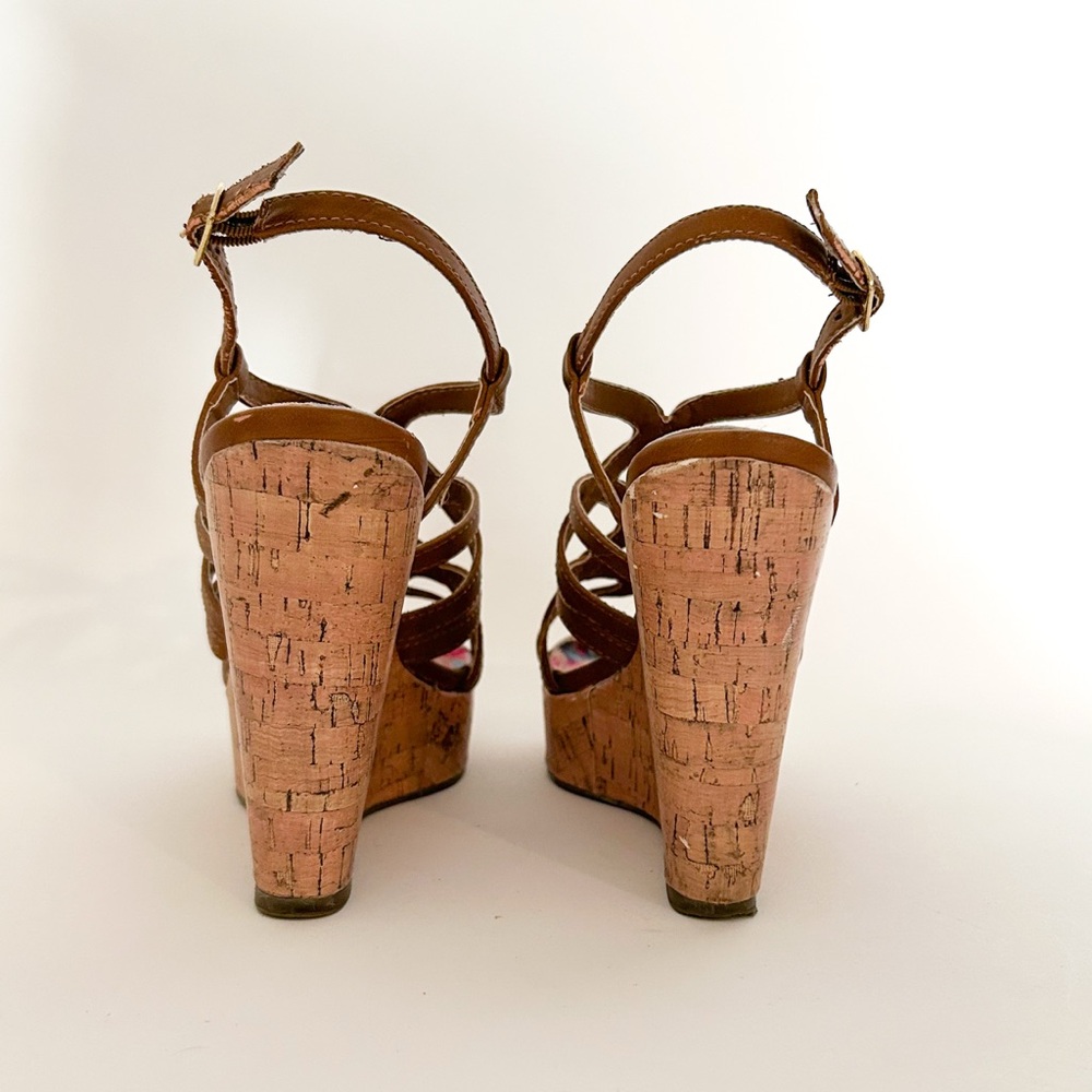 Madden Girl Strappy Brown Faux Leather Cork Platform Wedge Heels Elmaa Cognac - Picture 6 of 9